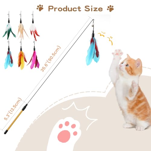 Pawaboo Feather Teaser Cat Toy, Interactive Wands Cats Toy Flying Feathers Cat Catcher with Extra Long 34.5" Wand and Small Bell, Playing Toys, 1 Wand + 6 Feathers, Multi-Color Feather Blend - color: Z-Multi-Color Feather Blend-6 Pack