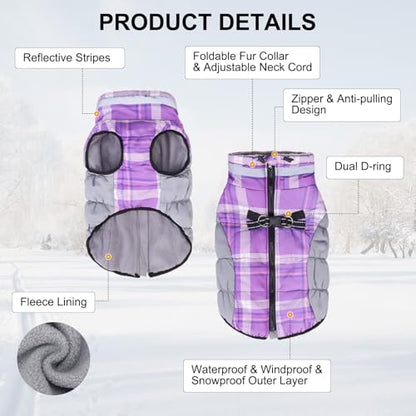BEAUTYZOO Dog Winter Coat with Harness Built in, Reflective Plaid Puffer Vest Waterproof for Medium Dogs, Fleece Warm Puppy Zipped Jacket with D Ring, Pet Cold Weather Sweater Clothes, Purple M - color: Purple, size: Medium
