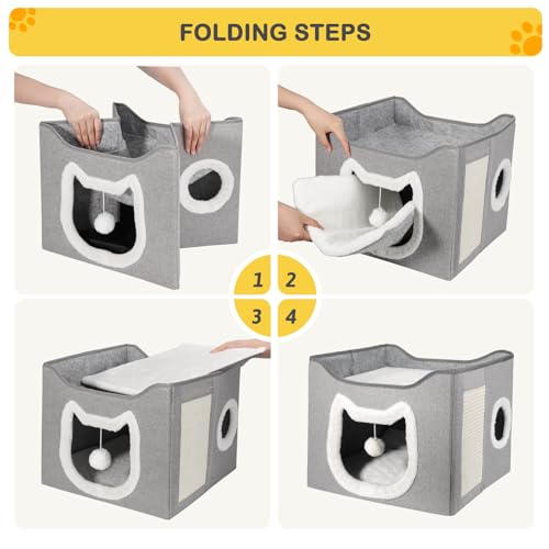Selecta Grey Indoor Cat House - Foldable, Covered Cat Bed Cave with Fluffy Ball and Scratch Pad