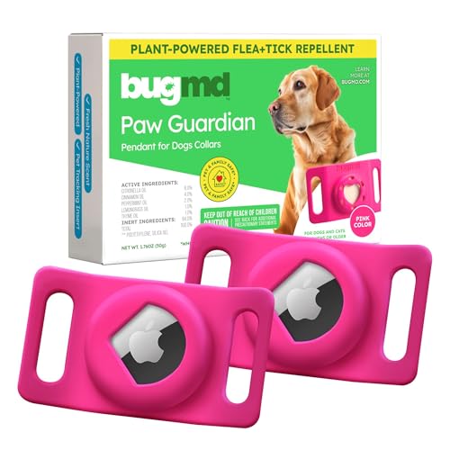 BugMD Paw Guardian Flea & Tick Pendant (2-Pack) with AirTag Holder – Plant-Based Flea & Tick Prevention for Dogs – Pet Collar Tag & GPS Tracker Holder for Dogs – Pink - color: Pink, size: 2 Pack