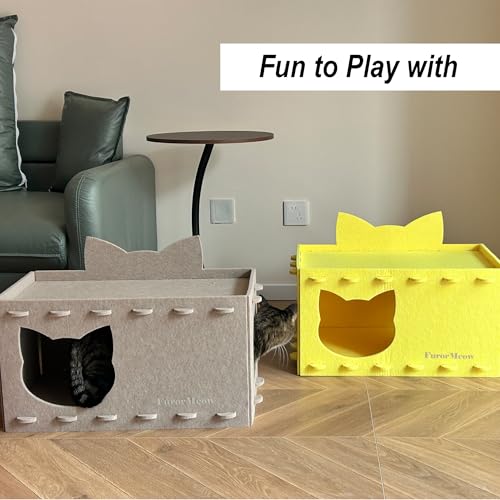 Cat House Cat Ear Design, Large Spacious Cozy Indoor Cat Bed Cave, Scratch Resistant Strong Thick Premium Felt Condo, Fun Hideaway for Multiple Cats, Up to 35LB, 21.5x13x11.6 inches (Beige)