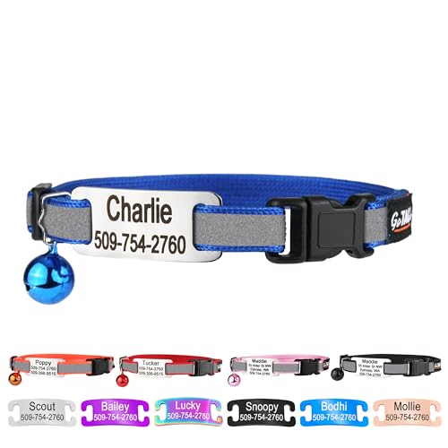 GoTags Personalized Reflective Cat Collars with Tag, Engraved Custom with Name and Phone, Breakaway Collar with Safety Buckle and Bell, Adjustable for Cats and Kitten, (Blue with Nameplate) - color: Blue, size: One-Size (Reflective)
