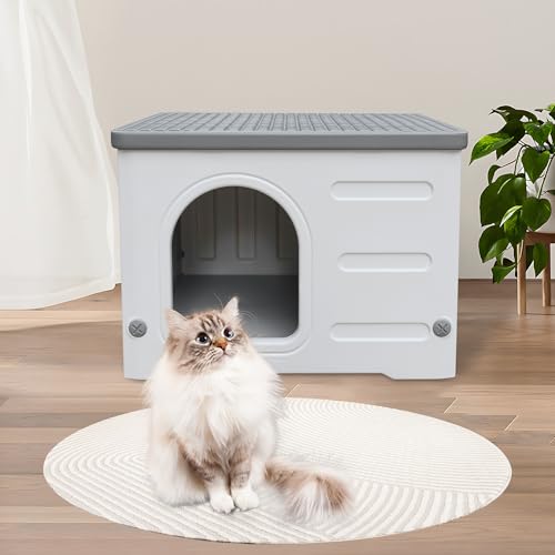 Plastic Cat House Outdoor & Indoor, Feral Cat Houses Waterproof Outdoor Cat House for Feral Cats, Outside Cat Shelter for Small Pet, Assemble and Clean Easily-Grey - style: Small