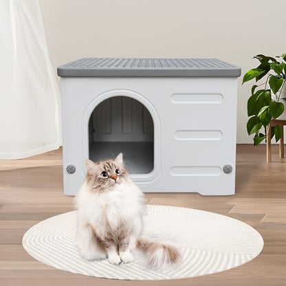 Plastic Cat House Outdoor & Indoor, Feral Cat Houses Waterproof Outdoor Cat House for Feral Cats, Outside Cat Shelter for Small Pet, Assemble and Clean Easily-Grey - style: Small