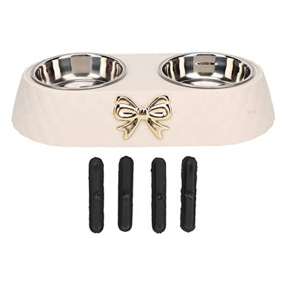 Stainless Steel Double Pet Bowls with Bowknot Decor Holder, Prevent Slip Cat and Dog Food Water Bowls, Cat Food Bowl Elevated, Dog Bowls Elevated, Cat Food and Water Bowl Set(Beige) - color: Beige