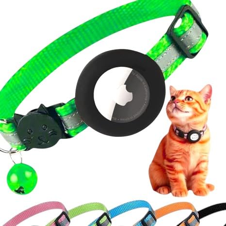 AirTag Cat Collar Breakaway with Apple Air Tag Holder & Bell - Reflective Adjustable Kitten Collar, Lightweight Nylon Safety Release Buckle for Boy Girl Cats, Indoor Outdoor (Fits 8-11 in) - color: green