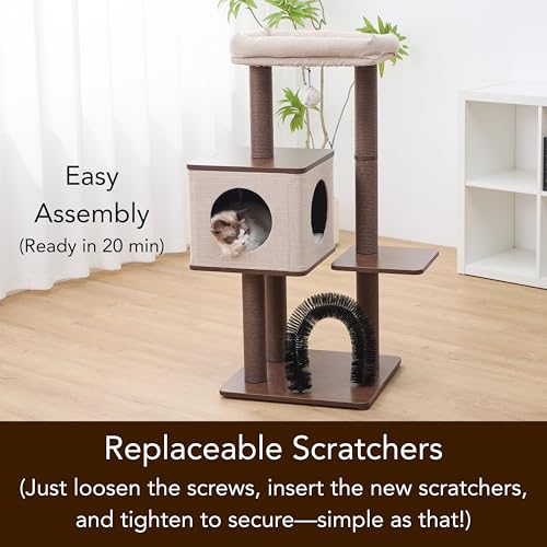 Petpals 4 Level 43" Minimalist Design Cat Tree with Wood Condo,Replaceable Paper Rope Scratching Posts,Full Body Bruch,Removeable and Washabel Bed (Brown and Beige) - color: Brown and Beige