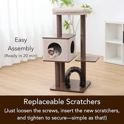 Petpals 4 Level 43" Minimalist Design Cat Tree with Wood Condo,Replaceable Paper Rope Scratching Posts,Full Body Bruch,Removeable and Washabel Bed (Brown and Beige) - color: Brown and Beige
