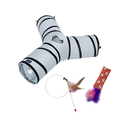 PetLike Cat Tunnel (with Interactive Cat Toy and Catnip Toy) for Indoor Cats Collapsible Pop-up Pet Tube Peek Hole Hideaway Play Toys for Cats with Ball - color: Grey, size: Y-Way