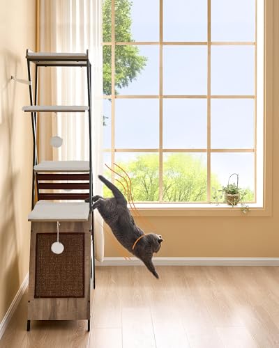 FourFurPets 72.4" Cat Tree, Modern Cat Tower for Indoor Cats, Multi-Level Cat Condo with Caves, Tall Cat Tree with Cat Scratching Board, Wooden Cat Tower with Large Perch, Removable Pads, Camel Brown - color: Camel Brown
