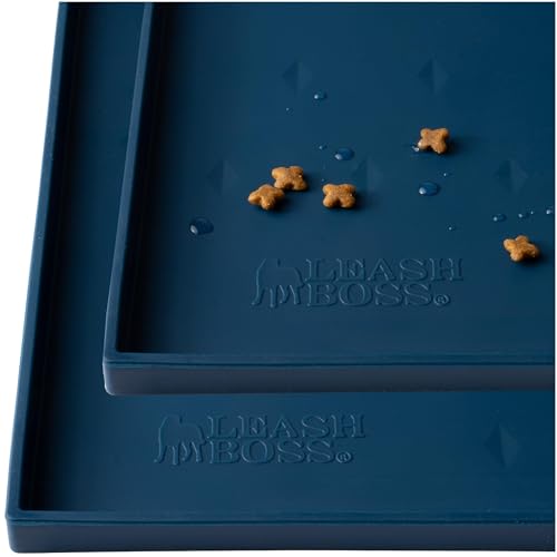 Leash Boss Dog Food Mat - 2-Pack, Waterproof Cat & Dog Bowl Mat for Food and Water, Silicone Pet Feeding Mats for Floors, Non-Slip Placemat with High Edges, Puppy Essentials (Small: 18"x11", Navy) - color: Navy, size: 2 Pack - S - 18" x 11