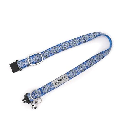 THE WORTHY DOG Patterned Medallion Cat Collar with Bell, Adjustable Nylon Safety Collar, Blue, One Size - color: Blue-Medallion