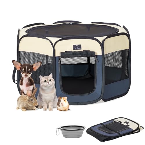Dog Playpen for Small Dogs & Puppies, 29.92" Portable Indoor Outdoor Puppy Playpen with Bowl, Waterproof Floor, Foldable Pop-Up Pet Pen for Home, Travel & Daily Use, Blue+Beige - color: Blue+Beige, size: S(29.92"x29.92"x16.5")