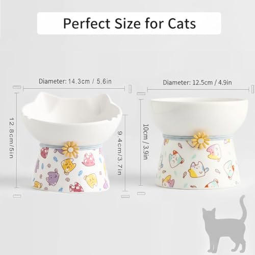 Elevated Ceramic Cat Bowls, 15°Raised Cat Food Bowl, Whisker Friendly Anti Vomiting Cats Dishes, Anti Vomiting & Protect Pet's Spine, Feeder Dish for Indoor Kitty and Small Dogs (Cat Pattern) - color: Cat pattern