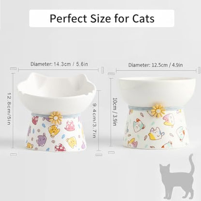 Elevated Ceramic Cat Bowls, 15°Raised Cat Food Bowl, Whisker Friendly Anti Vomiting Cats Dishes, Anti Vomiting & Protect Pet's Spine, Feeder Dish for Indoor Kitty and Small Dogs (Cat Pattern) - color: Cat pattern
