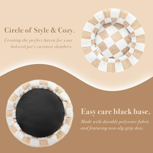 Ohocut Checkered Dog Bed, Cute Beige Khaki Retro Style Aesthetic Round Warming Pet Calming Beds for Small Dog and Cats, Plush Cozy Donut Dog Beds Washable, 30" L x 30" W x 8" Th - color: Beige, size: 30"L x 30"W x 8"Th
