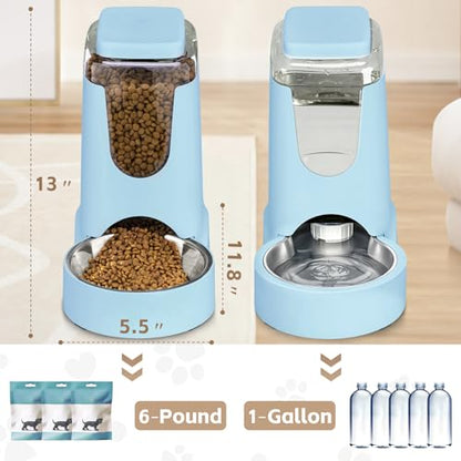 Portable Automatic Cat Feeder and Water Dispenser with Stainless Steel Bowl Dog Gravity Food Feeder and Waterer for Small Medium Pets Puppy Kitten 1 Gallon x 2 (Light Blue（3.8L*2）) - color: Light Blue（3.8L*2）