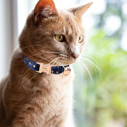 Personalized Non-Breakaway Cat Collar with Name, Luxury Soft Velvet Custom Engraved Name Collar with Bell for Kittens & Cats (Blue with Stars, S (6.5-10.5 inches)) - color: Blue with Stars, size: S (6.5-10.5 inches)