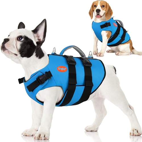 Dog Life Jacket Neoprene, High Buoyancy Dog Harness Life Vest for Swimming and Boating, Adjustable Swim Vest with Rescue Handle for Small Medium Large Dogs - color: Blue, size: Small