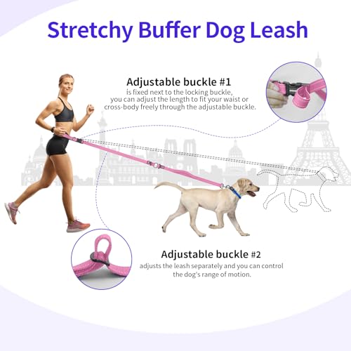 Hands Free Dog Leash by Kazazoo, Adjustable 5.8-8.5FT Waist & Crossbody Leash with Quick Off Buckle, Reflective Stitches for Walking, Jogging,Medium to Large Dogs & Puppies M Size Pink - color: Pink, size: M