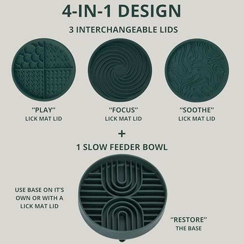 4-in-1 Slow Feeder Dog Bowl and Lick Mat Set, 1 Base and 3 Interchangeable Textured Lids, Suction Base, BPA-Free Silicone, Dishwasher Safe