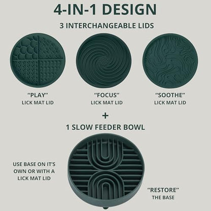 4-in-1 Slow Feeder Dog Bowl and Lick Mat Set, 1 Base and 3 Interchangeable Textured Lids, Suction Base, BPA-Free Silicone, Dishwasher Safe