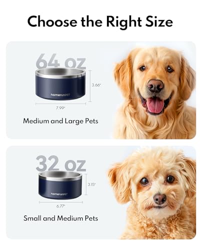 HomeRunPet Dog Bowls, Durable Dishwasher Safe Double Wall Metal Insulated Stainless Steel Food Water Bowls with Non-Slip Rubber Base, Ideal for Small Medium and Large Dogs (32oz, Navy) - color: Navy