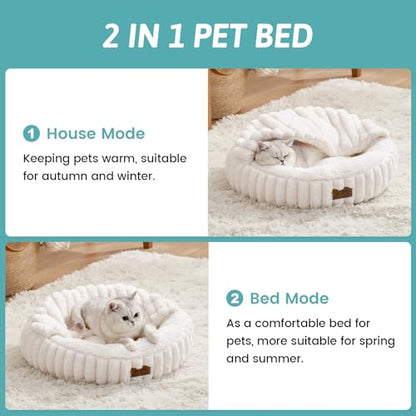 Cat Bed with Hooded Blanket, Round Fluffy Anti-Anxiety Pet Bed for Cats/Toy Breed Dogs, Cozy Donut Cuddler with Machine Washable Faux Fur & Anti-Slip Bottom(20"×20"×6",Cream) - color: Cream, size: 20"×20"×6"