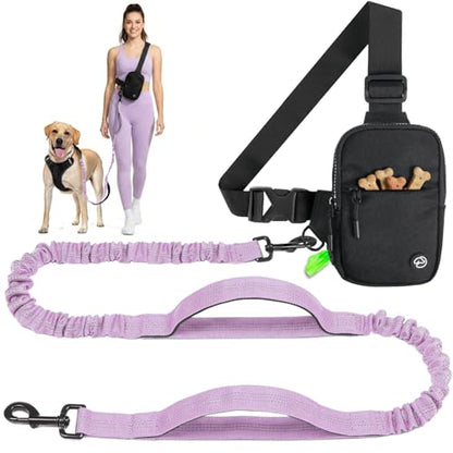 Hands Free Crossbody Dog Leash Bag with Built-in Poop Bag Dispenser & Storage, Dual Bungee Shock-Absorbing Leash with Dual Handles for Small, Medium, Large Dogs Walking Training (Lavender) - color: Lavender