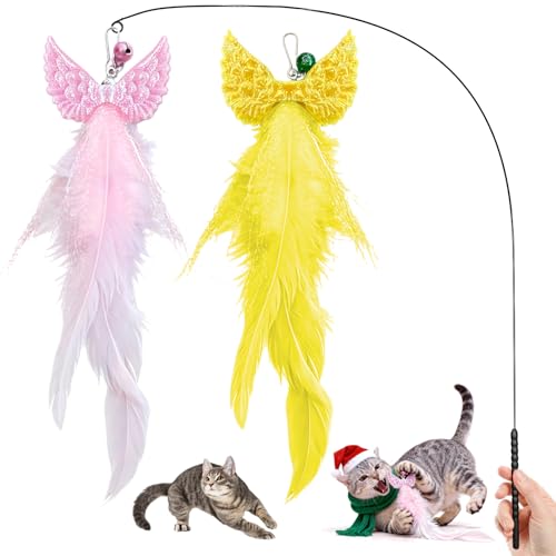 Walfront Interactive Cat Toy Wand — Yellow & Pink Wing Tassel Teaser with Replaceable Natural Heads, Flexible Steel Rod, Indoor Cat Toy for Multi-Cat Homes, Kittens & Adult Cats, Play & Stress Relief