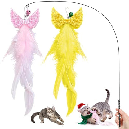 Walfront Interactive Cat Toy Wand — Yellow & Pink Wing Tassel Teaser with Replaceable Natural Heads, Flexible Steel Rod, Indoor Cat Toy for Multi-Cat Homes, Kittens & Adult Cats, Play & Stress Relief