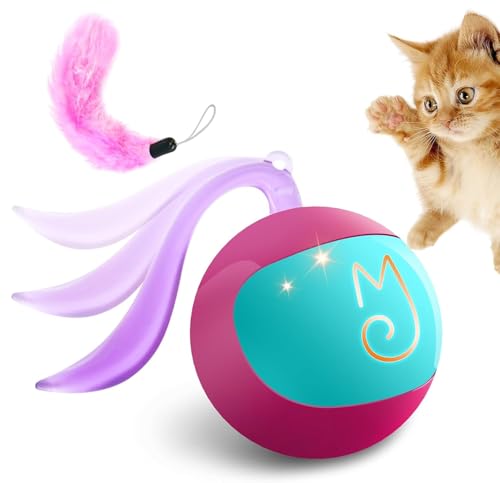 Migipaws 2-in-1 Interactive Cat Toy Ball – Paw Friendly Kicking Chasing Ball with Bonus Fluffy Tail for Indoor Cats Random Rolling Auto Escape Corners Tangle-Free Quiet USB Rechargeable (Rose) - color: Rose