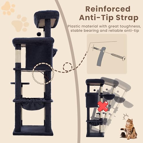 Heybly Cat Tree, 56-Inch Multi-Level Easy Climb Tower for Large Cats, Cat Furniture with 2 Perches, Cozy Hammock, Spacious Condo & Cat Basket, Durable Sisal Scratching Posts, Smoky Gray HCT028G - color: Smoky Gray