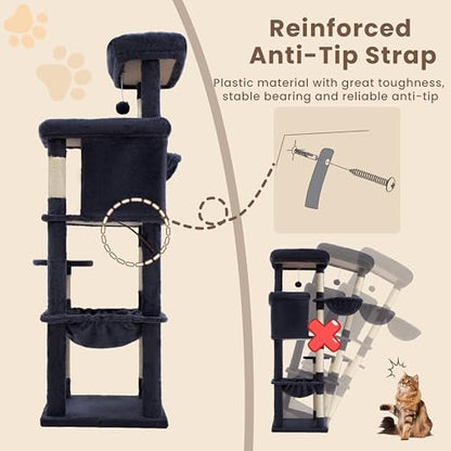 Heybly Cat Tree, 56-Inch Multi-Level Easy Climb Tower for Large Cats, Cat Furniture with 2 Perches, Cozy Hammock, Spacious Condo & Cat Basket, Durable Sisal Scratching Posts, Smoky Gray HCT028G - color: Smoky Gray