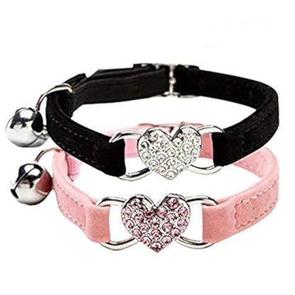 CHUKCHI Pink Soft Velvet Safe Cat Adjustable Collar with Crystal Heart Charm and Bells 8-11 Inches(Black+Pink) - color: Black+Pink
