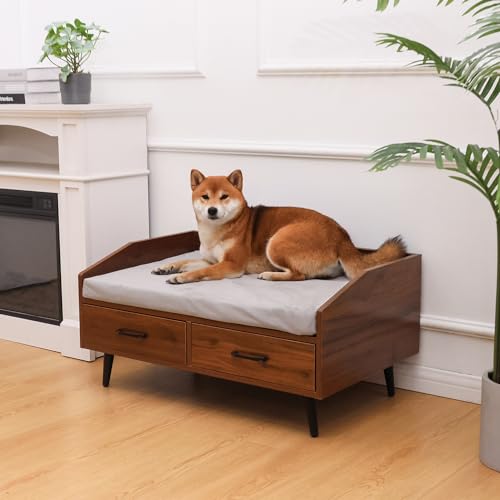 Elevated Dog Bed for Small to Medium Dogs – 32” x 21” Indoor Wooden Pet Sofa with Soft Cushion, Mid-Century Modern Style, Sturdy & Stylish (Walnut) - color: Grey