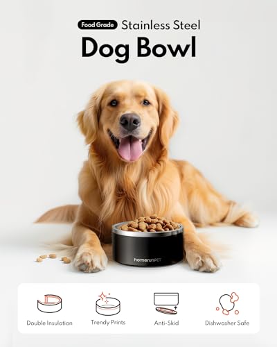 Homerunpet Double Wall Stainless Steel Dog Bowls, Non-Slip Base, Dishwasher Safe, Durable Pet Food & Water Bowl for Dogs & Cats(32oz, Black) - color: Black