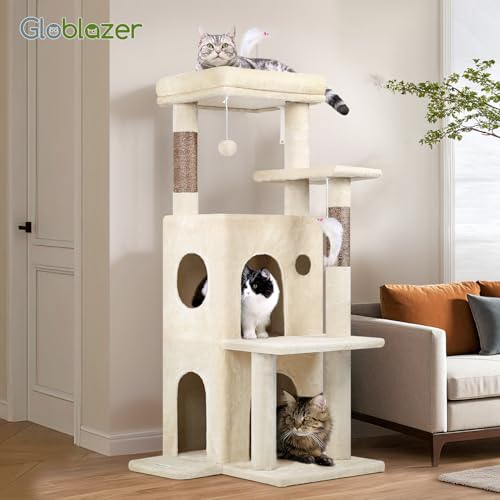 Globlazer Cat Tree Tower for Indoor Cats, 50-inch Adult Cat Tree House for Large Adult Cats with Steps, Scratching Post, 2 Cat Caves, Dangling Toys, FC50, Beige - color: Beige
