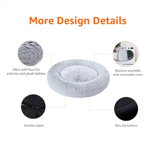 Amazon Basics Washable Donut Pet Bolster Faux Fur Bed with Removable Cover, Anti-Slip Bottom for Dog, Grey, 45" x 45" - color: Grey, size: 45" x 45"