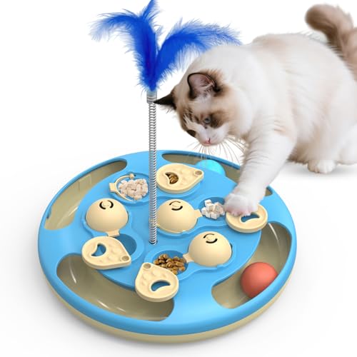3 in 1 Cat Treat Puzzle Feeder, Level 3 Interactive Cat Puzzle Toy with Track Balls, Feather Teaser & Slow Feeder Insert, Non-Slip Base, Mental Stimulation for Bored Indoor Cats, Blue - color: Blue