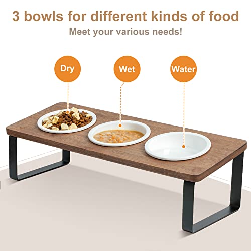 Raised Cat Food Water Bowl Elevated Tilted Kitty Dishes Set of 3 Ceramic Dish for Indoor Cats Orthopedic Pet Food Stand Reduces Vomiting 3 Bowl Cat Feeder Easy Assembly(Brown) - color: Brown