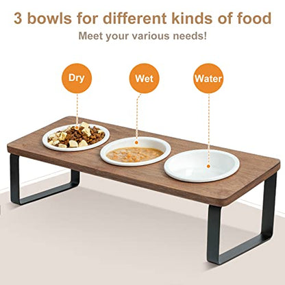 Raised Cat Food Water Bowl Elevated Tilted Kitty Dishes Set of 3 Ceramic Dish for Indoor Cats Orthopedic Pet Food Stand Reduces Vomiting 3 Bowl Cat Feeder Easy Assembly(Brown) - color: Brown