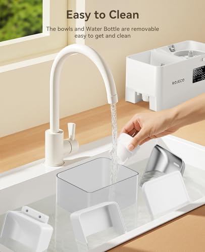 ROJECO Automatic Cat Feeder and Water Dispenser,36Cups/8.5L 2-in-1 Stainless Steel Bowls Large Capacity Cat Food Dispenser and Gravity Water Fountain for Cats Small Dogs Puppies Kittens Pets - color: White, size: 8.5L-Standard