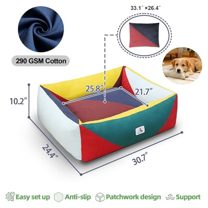 Cotton Canvas Dog Bed, Cute Dog Bed Medium Size Dog, Puppy Bed with Washable Removable Cover, Durable 290 GSM Cotton Anti-Chewing Pet Bed with Anti-Slip Bottom (30"x25"x10", Red&Yellow&Green) - color: Red+Green+Yellow, size: Medium