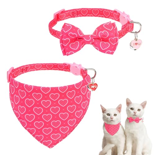 SCENEREAL Valentine's Day Cat Bandana Collars with Bell Bowtie - 2 Pack Breakaway Pink Kitten Collars, Adjustable Cute Love Heart Pet Accessories for Cats Small Dogs - color: Bandanas & Bow (Heart-Pink)