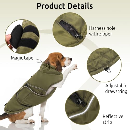 Peferhouse Warm Winter Coat for Large Male Dogs, Cold Weather Windproof Reflective Jacket With Harness Hole, Thick Vest ArmyGreen 4XL - color: Green, size: XXXX-Large