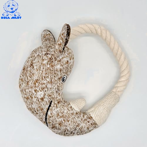 Rustic Knit Horned Tugger Dog Toy - Plush & Rope Tug Toy for Dogs | Knitted Chew Toy with Hemp Rope Loop | Safe Embroidered Eyes | Tug of War Fetch Toy for Small Medium Dogs