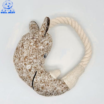 Rustic Knit Horned Tugger Dog Toy - Plush & Rope Tug Toy for Dogs | Knitted Chew Toy with Hemp Rope Loop | Safe Embroidered Eyes | Tug of War Fetch Toy for Small Medium Dogs