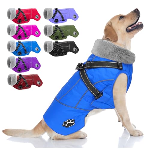 Dog Coat with Harness, Reflective Warm Dog Jacket Waterproof Puppy Winter Coat for Cold Weather, Adjustable Fleece Jacket for Small Medium Large Dogs - color: Blue, size: X-Large