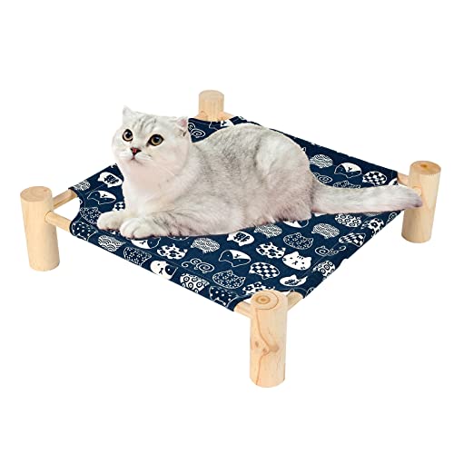 Pet Bed, Small, Elevated Cooling Hammock Bed, Wood, 19x19x5 inches, 20 lbs, Blue Cat, Indoor/Outdoor, Square, for Cats and Dogs - color: Blue Cat